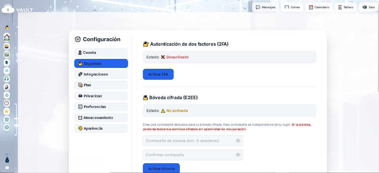 Seguridad 2FA y Bóveda
